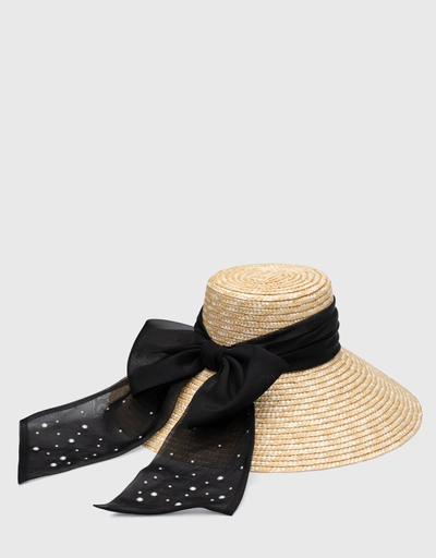 Mirabel Organza Ruched Band with Pearl Straw Sunhat-Natural
