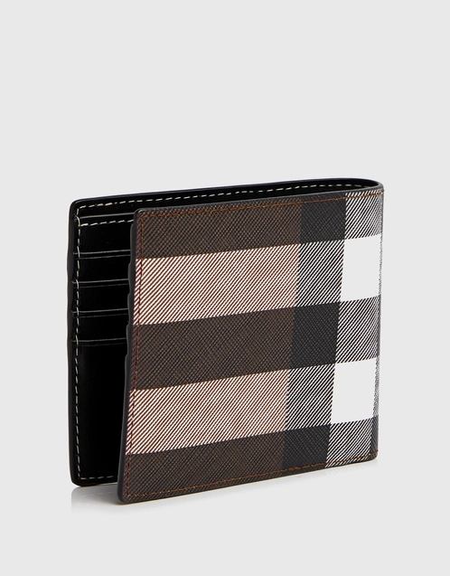Exaggerated Check and Leather 8 Card Slot Bifold Wallet