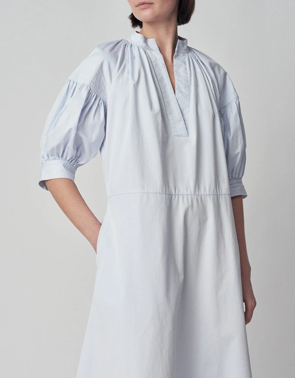 Shirred V-Neck Cotton Midi Dress