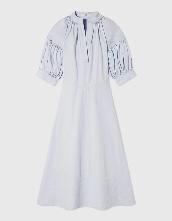 Shirred V-Neck Cotton Midi Dress