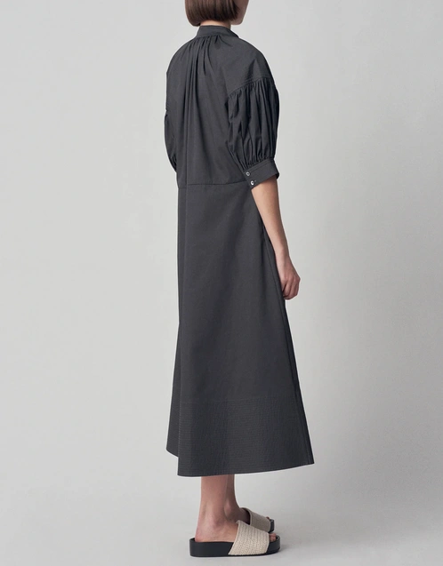 平行縐縫 V 領棉質中長洋裝