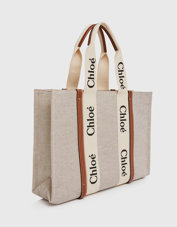 Chloé Woody Large Linen Canvas And Shiny Calfskin Tote Bag