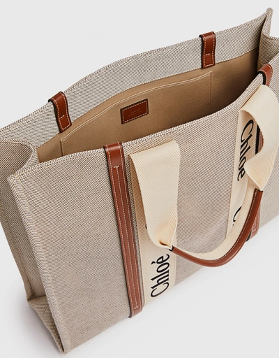 Woody Large Linen Canvas And Shiny Calfskin Tote Bag