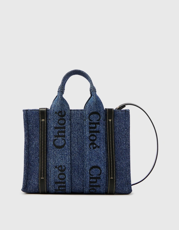 Chloé Woody Small Denim And Shiny Calfskin Tote Bag