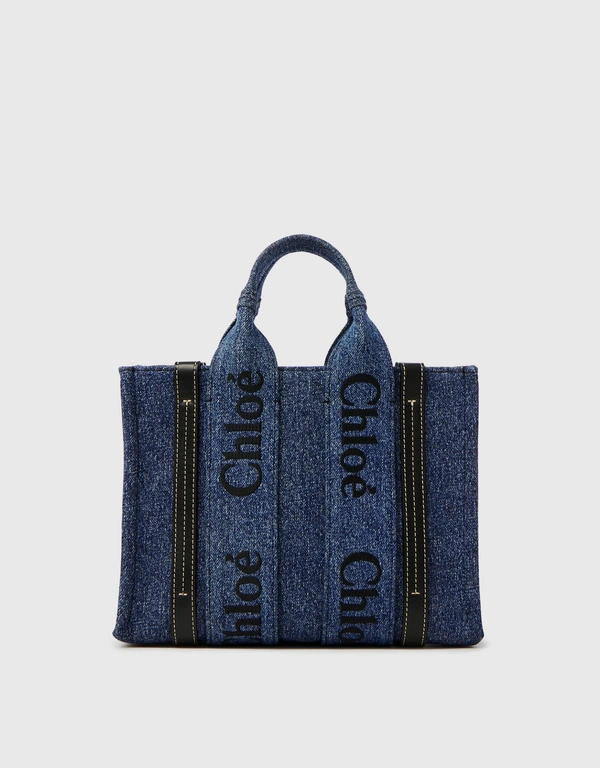 Chloé Woody Small Denim And Shiny Calfskin Tote Bag