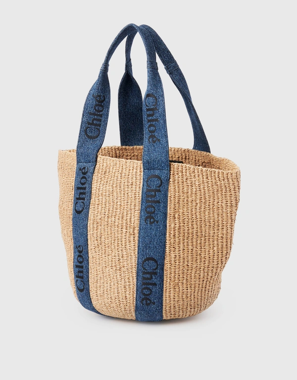 Chloé Woody Large Straw Denim Embroidery Basket Tote Bag