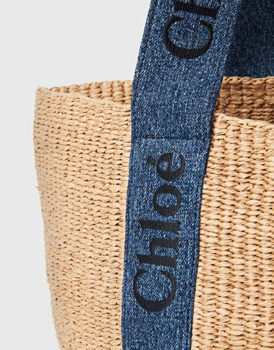 Woody Large Straw Denim Embroidery Basket Tote Bag