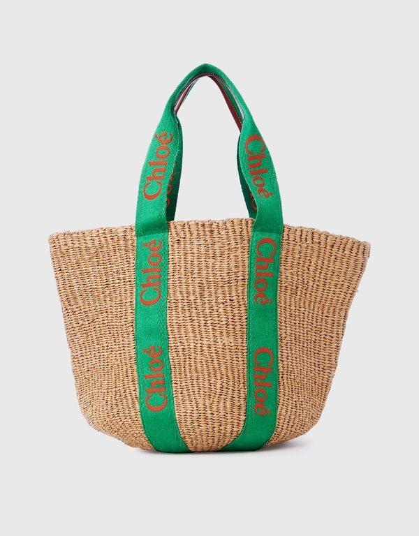 Chloé Woody Large Straw Canvas  Embroidery Basket Tote Bag