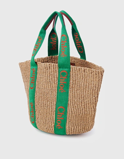 Woody Large Straw Canvas  Embroidery Basket Tote Bag