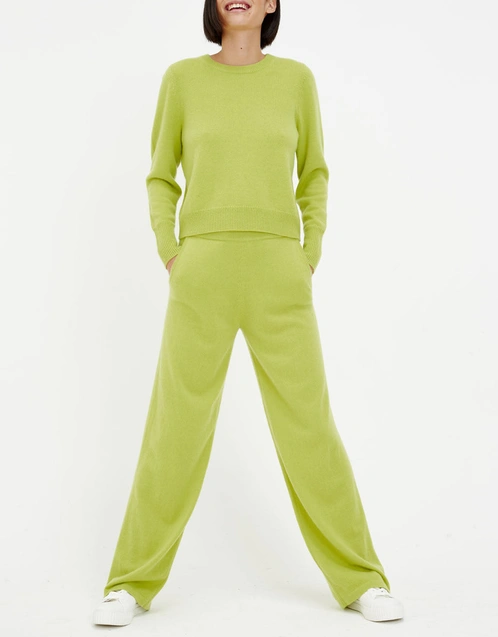 Cashmere Ribbed Wide-Leg Pants-Green