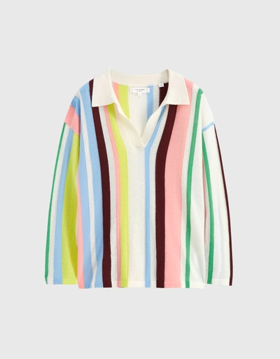 羊絨條紋 Polo 針織毛衣-Multicoloured