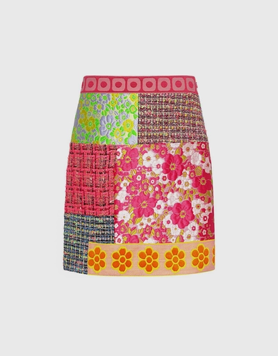 Floral and Plaid Patchwork Tweed Mini Skirt
