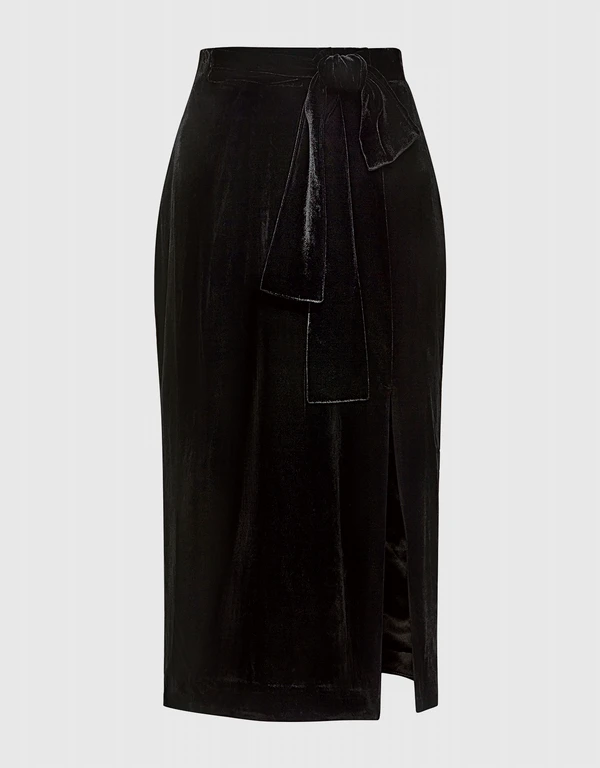 Saloni Kirsten High-rise Side Slit Belted Velvet Skirt
