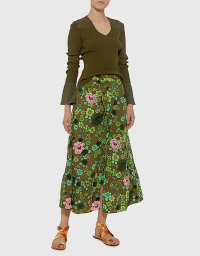 Ruffle Front Slit Floral Midi Skirt