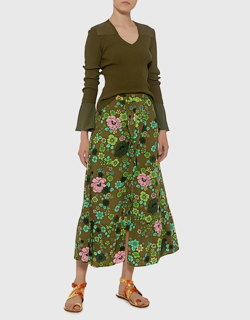 Boutique Moschino Ruffle Front Slit Floral Midi Skirt (Skirts,Midi ...