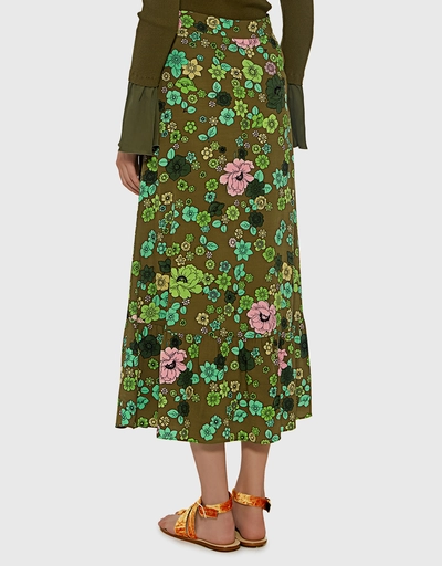 Ruffle Front Slit Floral Midi Skirt