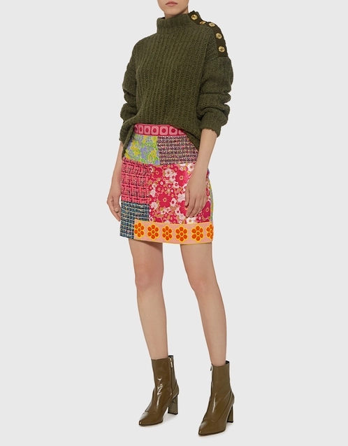 Floral and Plaid Patchwork Tweed Mini Skirt