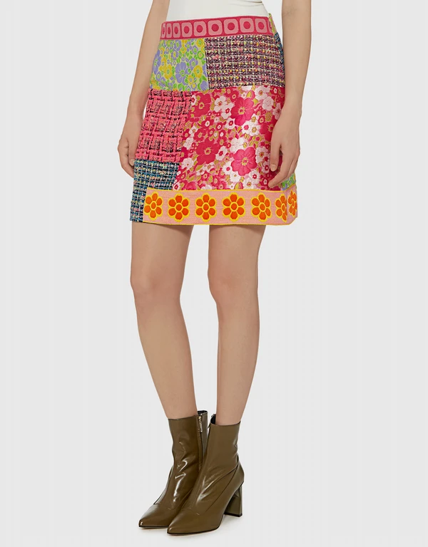 Boutique Moschino Floral and Plaid Patchwork Tweed Mini Skirt