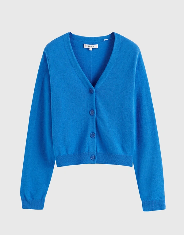 Denim-Blue Wool-Cashmere Cropped Cardigan