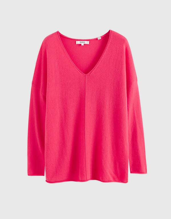 Bright-Coral Wool-Cashmere Slouchy V Neck Sweater