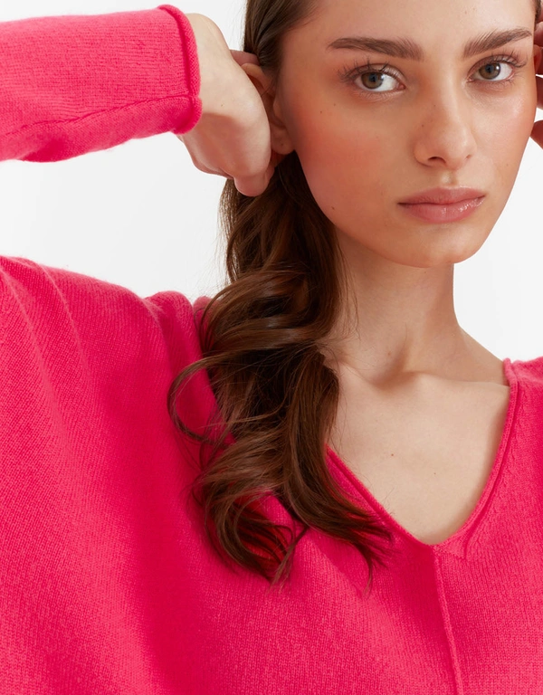 Bright-Coral Wool-Cashmere Slouchy V Neck Sweater