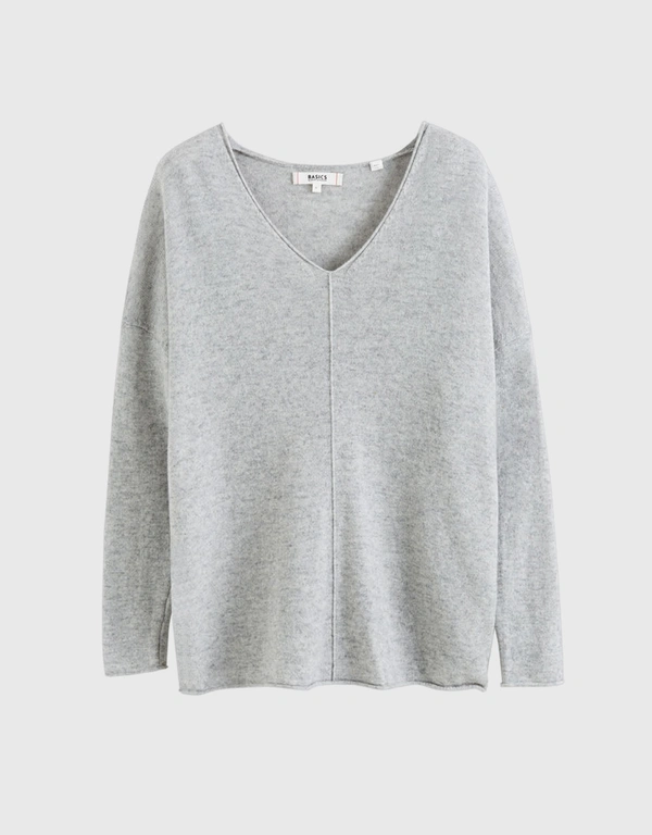 Marl Wool-Cashmere Slouchy V Neck Sweater -Grey