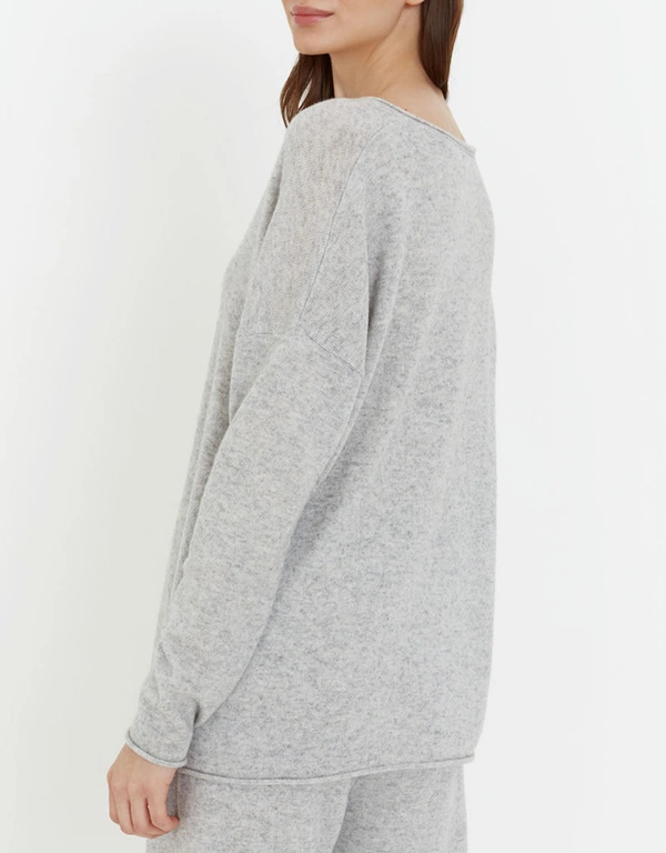 Marl Wool-Cashmere Slouchy V Neck Sweater -Grey