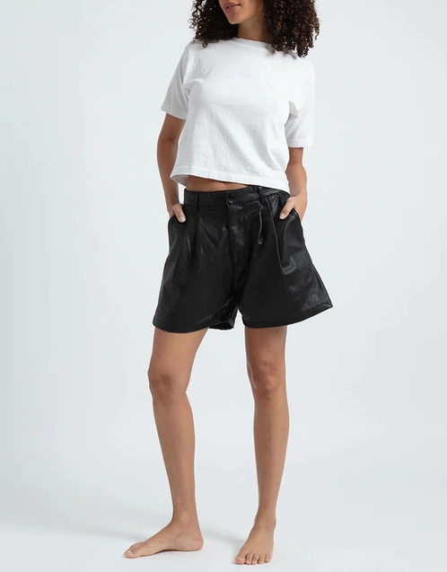 High-rised Vegan Leather Pleated Shorts-Vegan Black