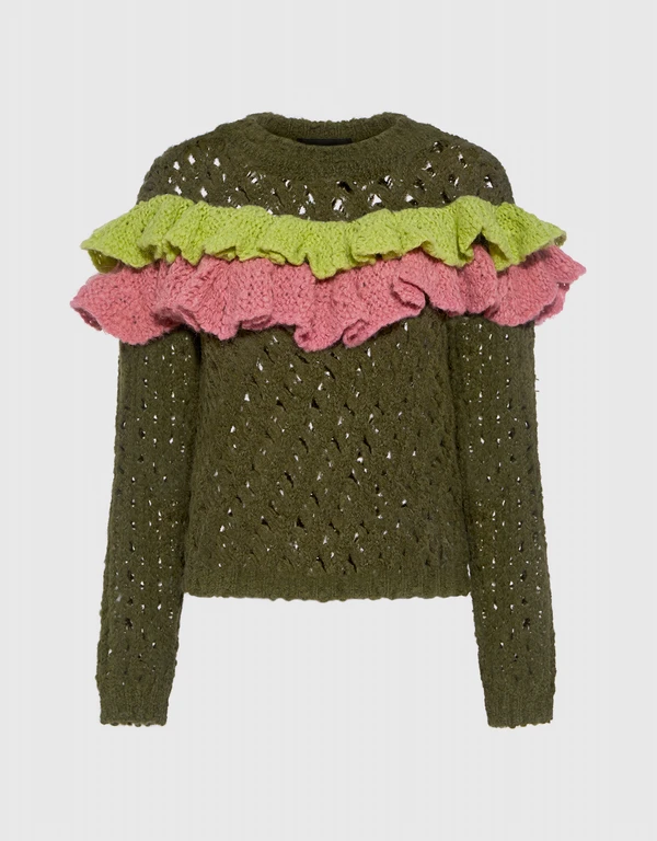 Boutique Moschino Ruffle Layer Wool Open Knit Sweater