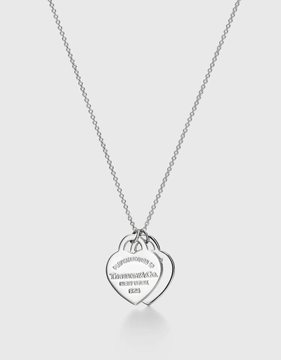 Return to Tiffany Small Sterling Silver Diamond Blue Double Heart Tag Pendant Necklace