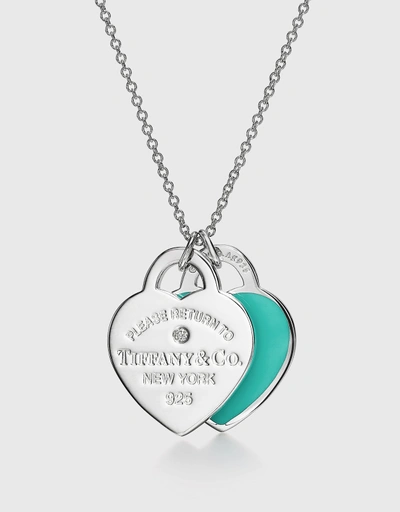 Return to Tiffany Small Sterling Silver Diamond Blue Double Heart Tag Pendant Necklace