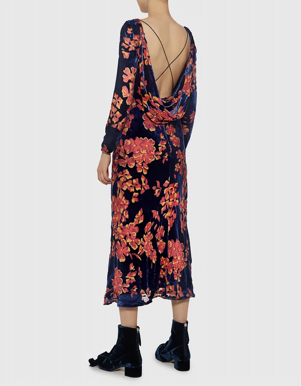 Saloni Tina Boat-neck Open Back Velvet Floral Midi Dress