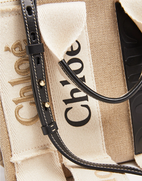 Chloé Woody Small Multi-embroidered Webbing And Calfskin Tote Bag