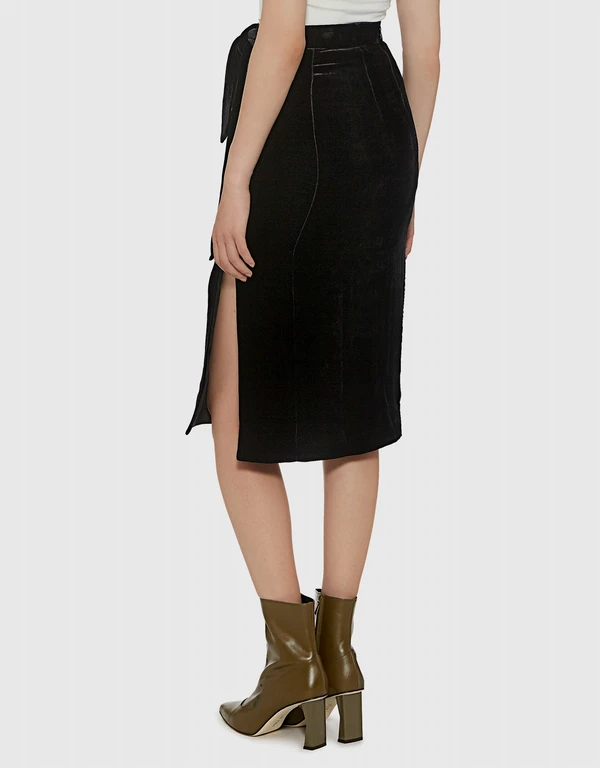 Saloni Kirsten High-rise Side Slit Belted Velvet Skirt