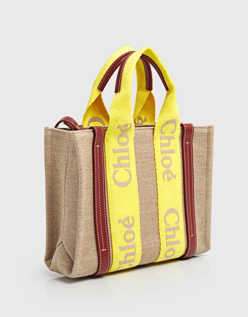 Woody Small Linen Canvas And Shiny Calfskin Tote Bag