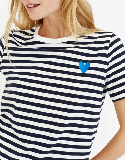 Embroidered Heart Breton Organic Cotton T-Shirt-Cream-Navy