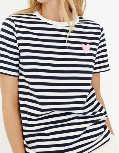 Embroidered Pink Heart Breton Organic Cotton T-Shirt-Cream-Navy