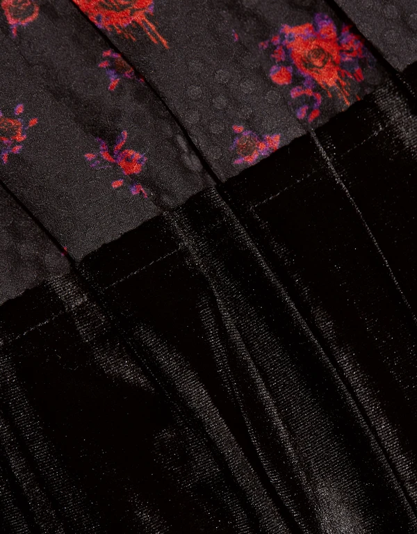 Velvet with Silk Floral Panel Pleated Midi Skirt
