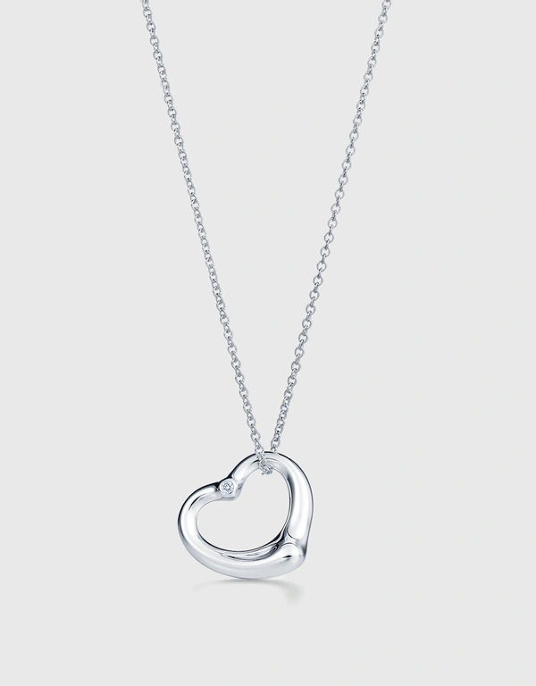 Tiffany & Co. Elsa Peretti Medium Sterling Silver Diamond Open Heart Pendant Necklace 16mm