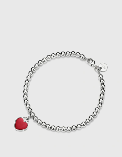 Return to Tiffany Sterling Silver Diamond Red Enamel Heart Bead Bracelet
