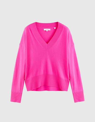 Wool-Cashmere V-Neck Sweater - Hot-Pink