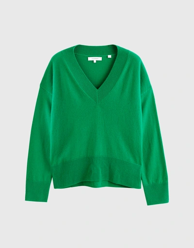 Wool-Cashmere V-Neck Sweater - Forest-Green