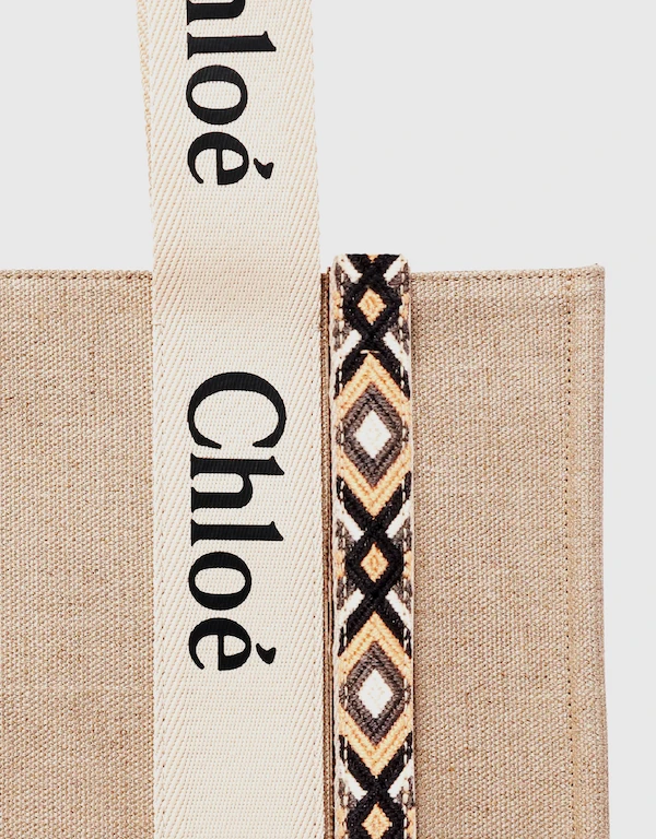 Chloé  Woody Medium Linen And Shiny Calfskin Tote Bag