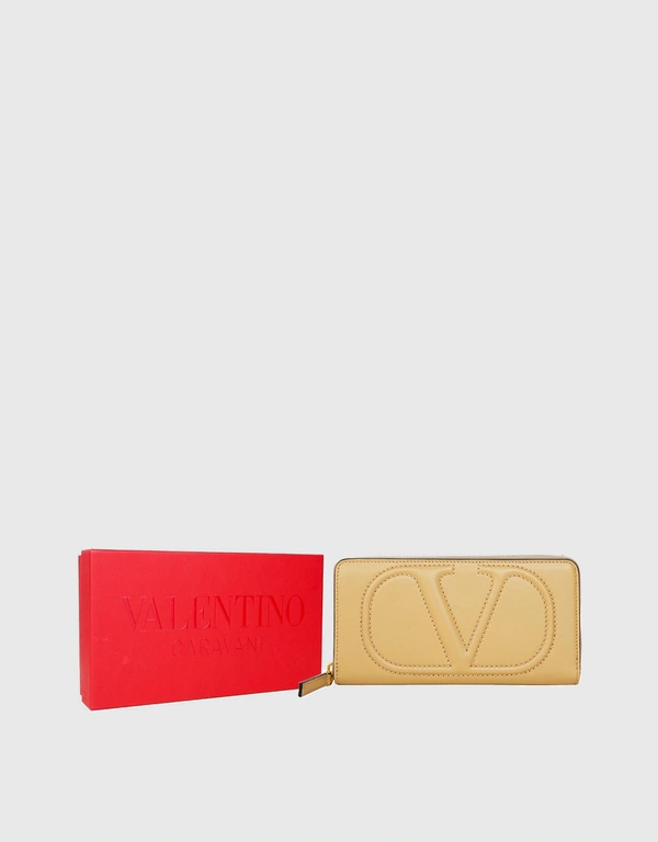 Valentino Valentino Leather Zip Round Long Wallet-Beige