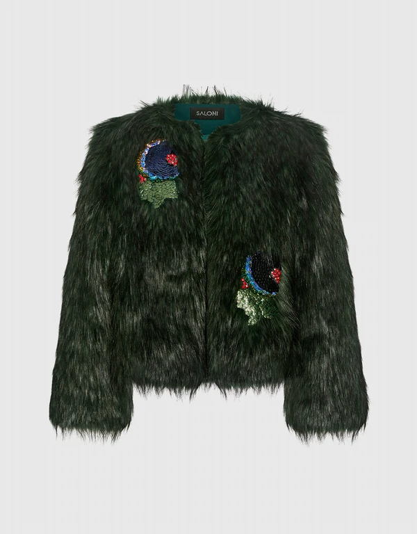 Saloni Embellished Appliques Cropped Fur Coat