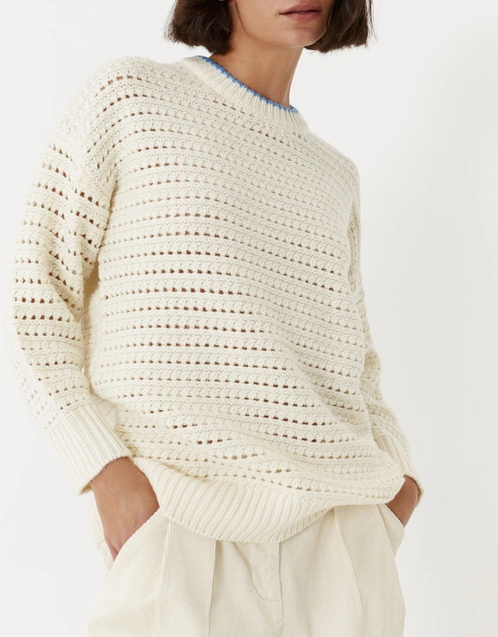Cream Wool-Cashmere Crochet Stitch Sweater