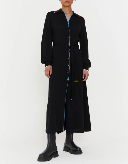 Merino Wool Belted Shirt Midi Dress - Black