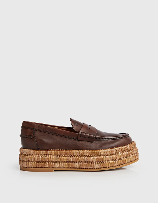 Tod's Calf Leather Raffia Platform Loafers