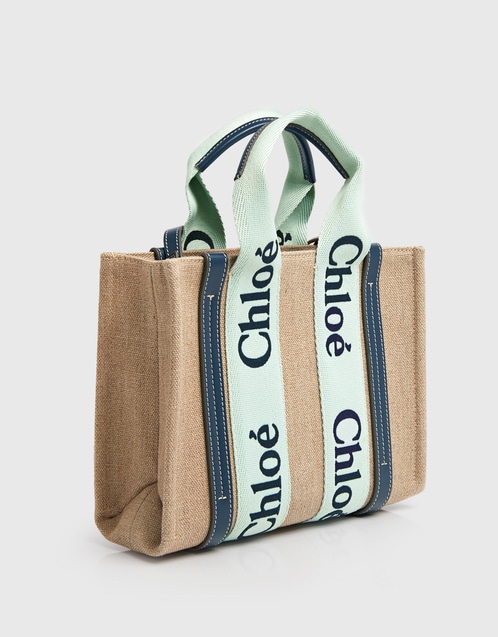 Chloé Woody Large Linen Canvas And Shiny Calfskin Tote Bag
