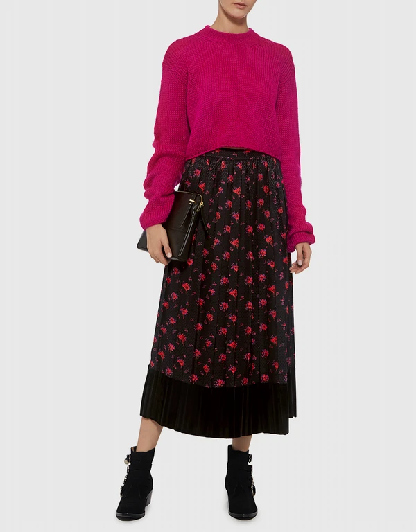 Velvet with Silk Floral Panel Pleated Midi Skirt